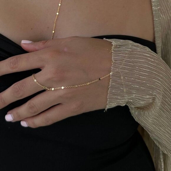 14K Dainty Gold Plated Stackable Link Chain Ring Bracelet Hand Chain for Women - Picture 4 of 7